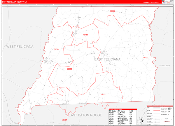 East Feliciana Parish (County), LA Wall Map Red Line Style